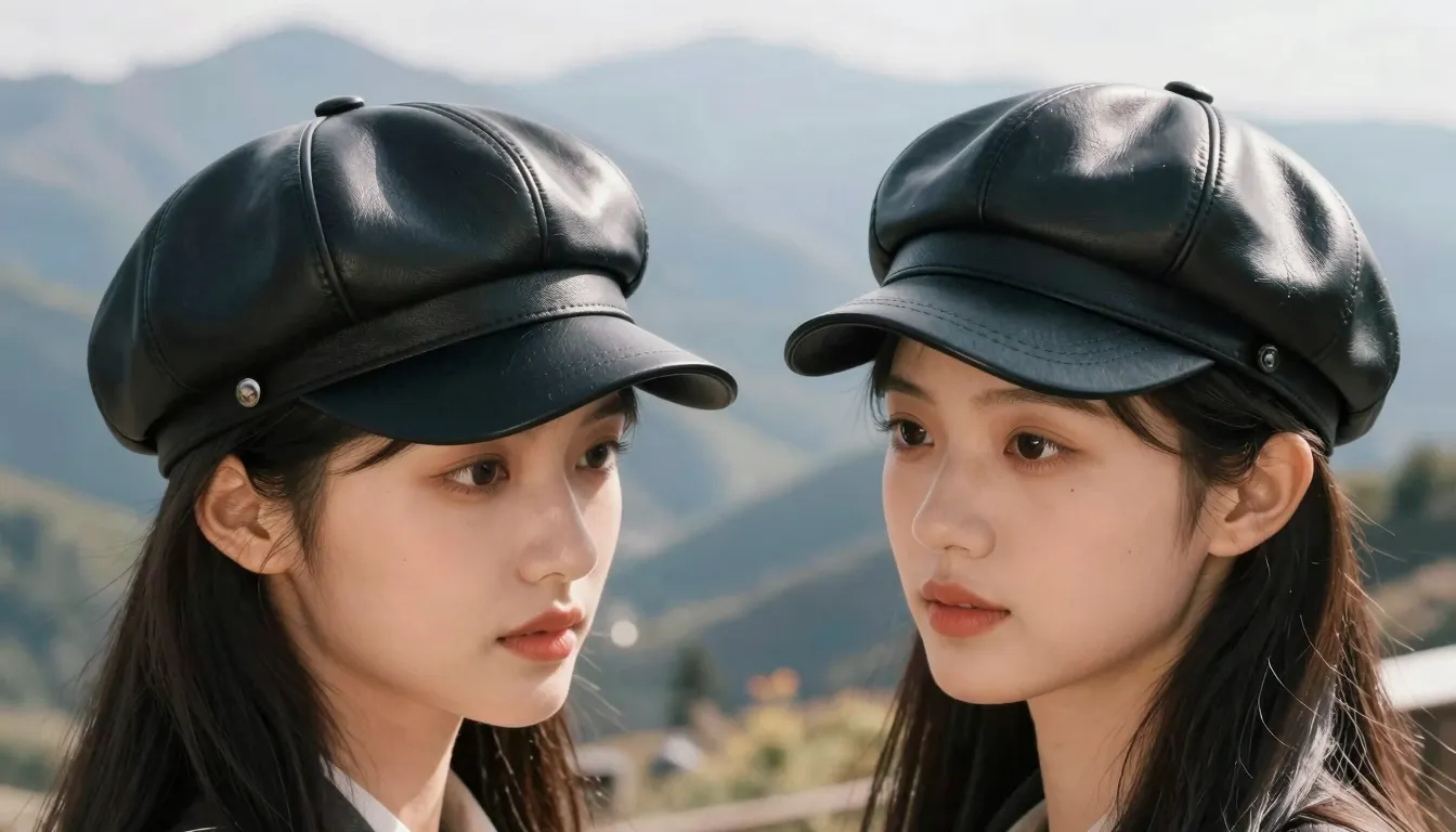 Two stylish Chinese women in glossy black leather newsboy ca...