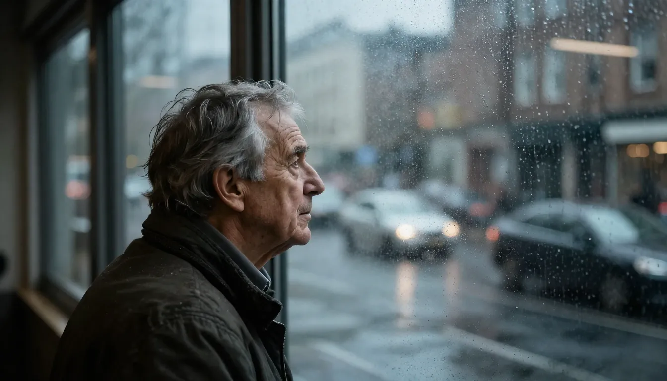 An elderly man looking out of a window at a rainy city, his ...