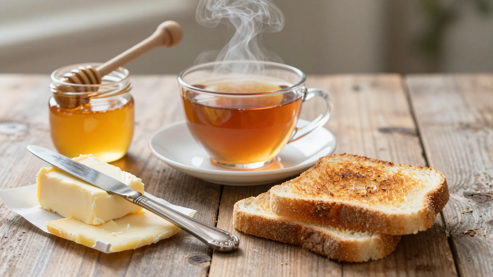 A cozy, high-quality breakfast spread on a rustic wooden tab...
