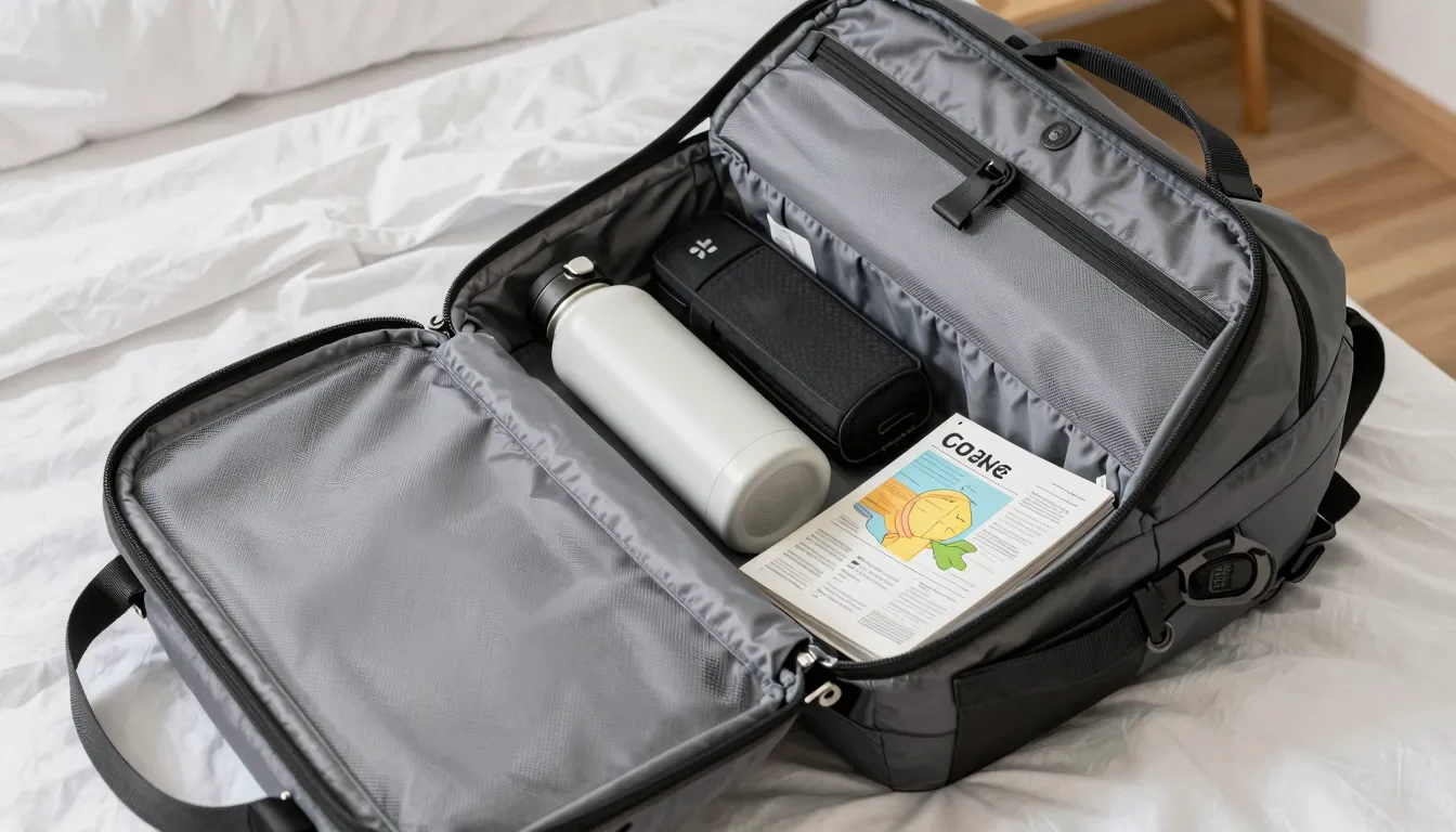 A high-quality photo of a modern travel backpack open on a b...