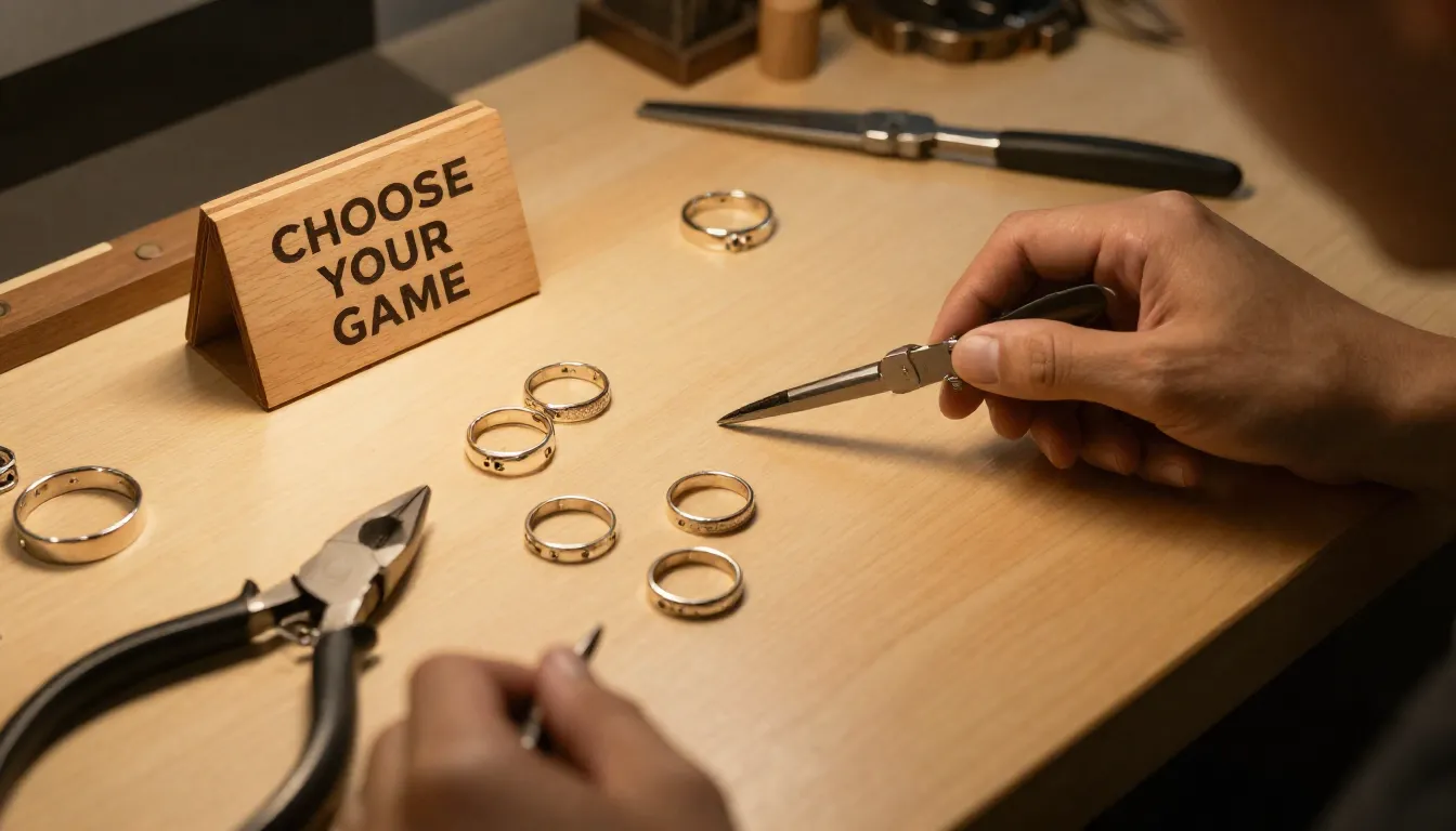 A professional jewelry workshop table with silver rings and ...