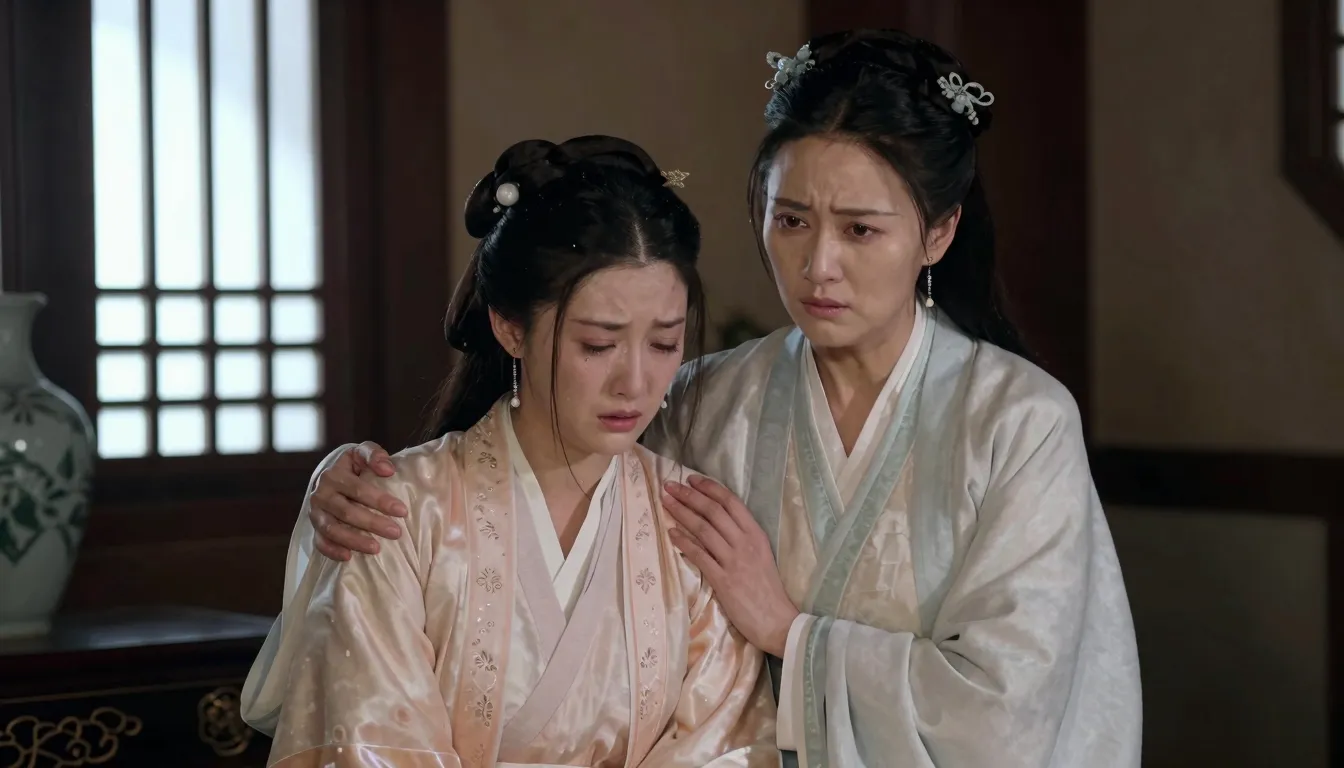 Two ancient Chinese sisters in elegant silk hanfu dresses in...