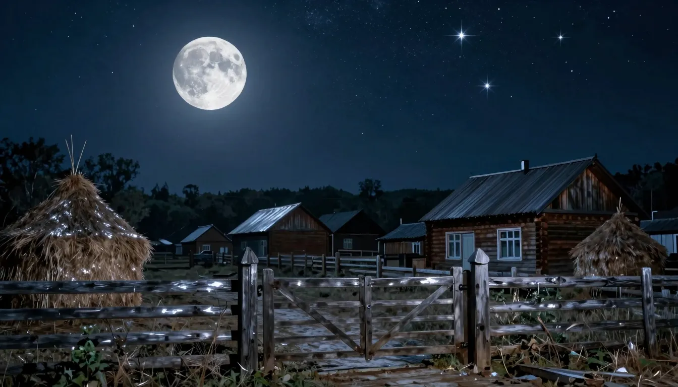 A cinematic night scene in a quiet village. A bright silver ...