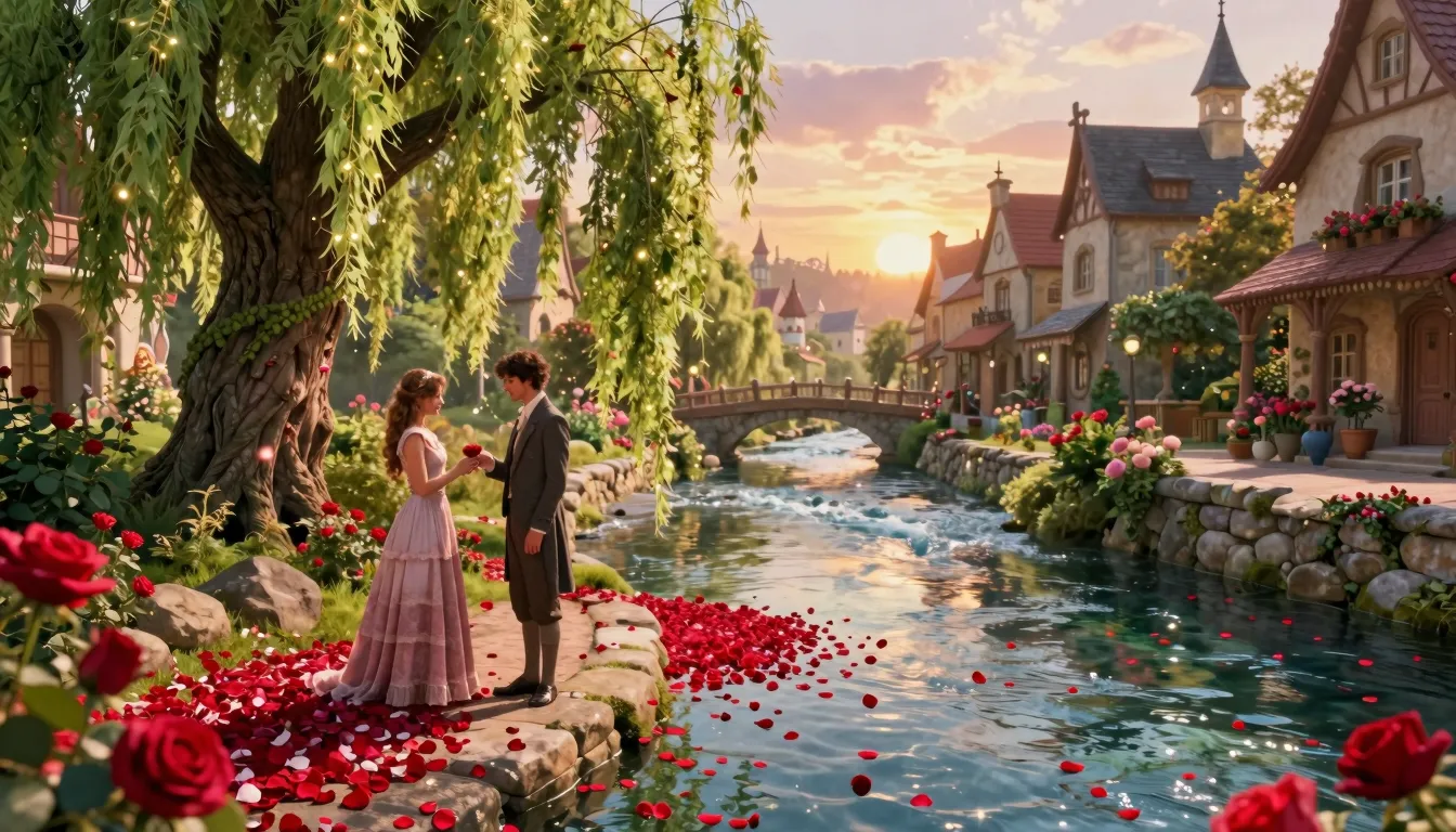 A wide cinematic narrative shot of a fairytale city at sunse...
