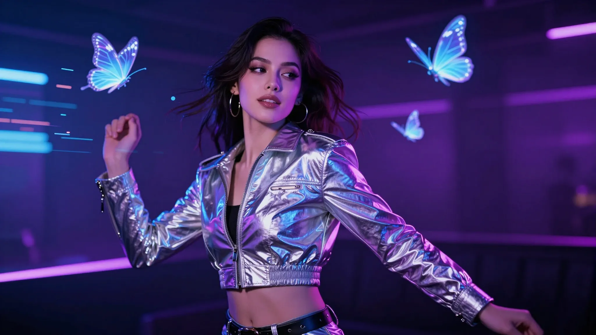 A confident woman in a neon-lit futuristic club setting, wea...