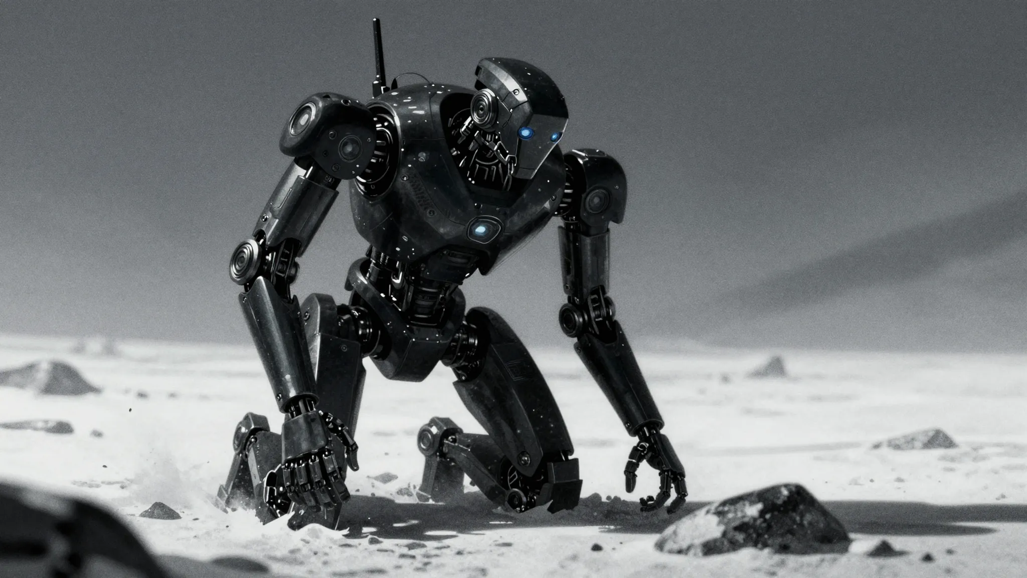 A dark, cinematic illustration of a futuristic robot working...