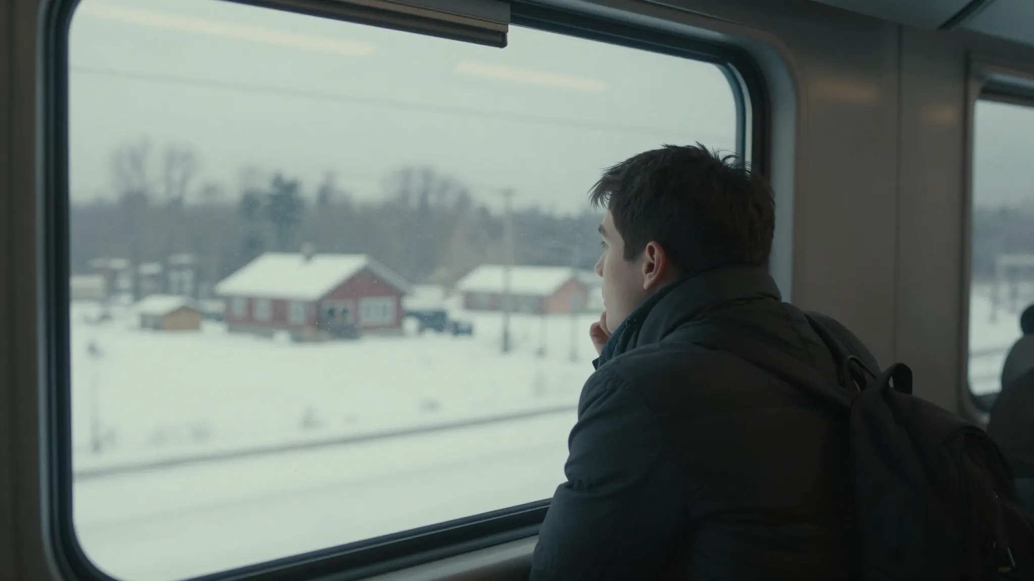 A lonely person looking out of a train window at a snowy lan...