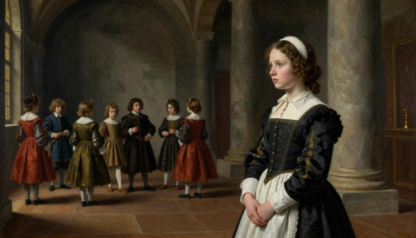 16th century French castle interior, a young servant girl lo...