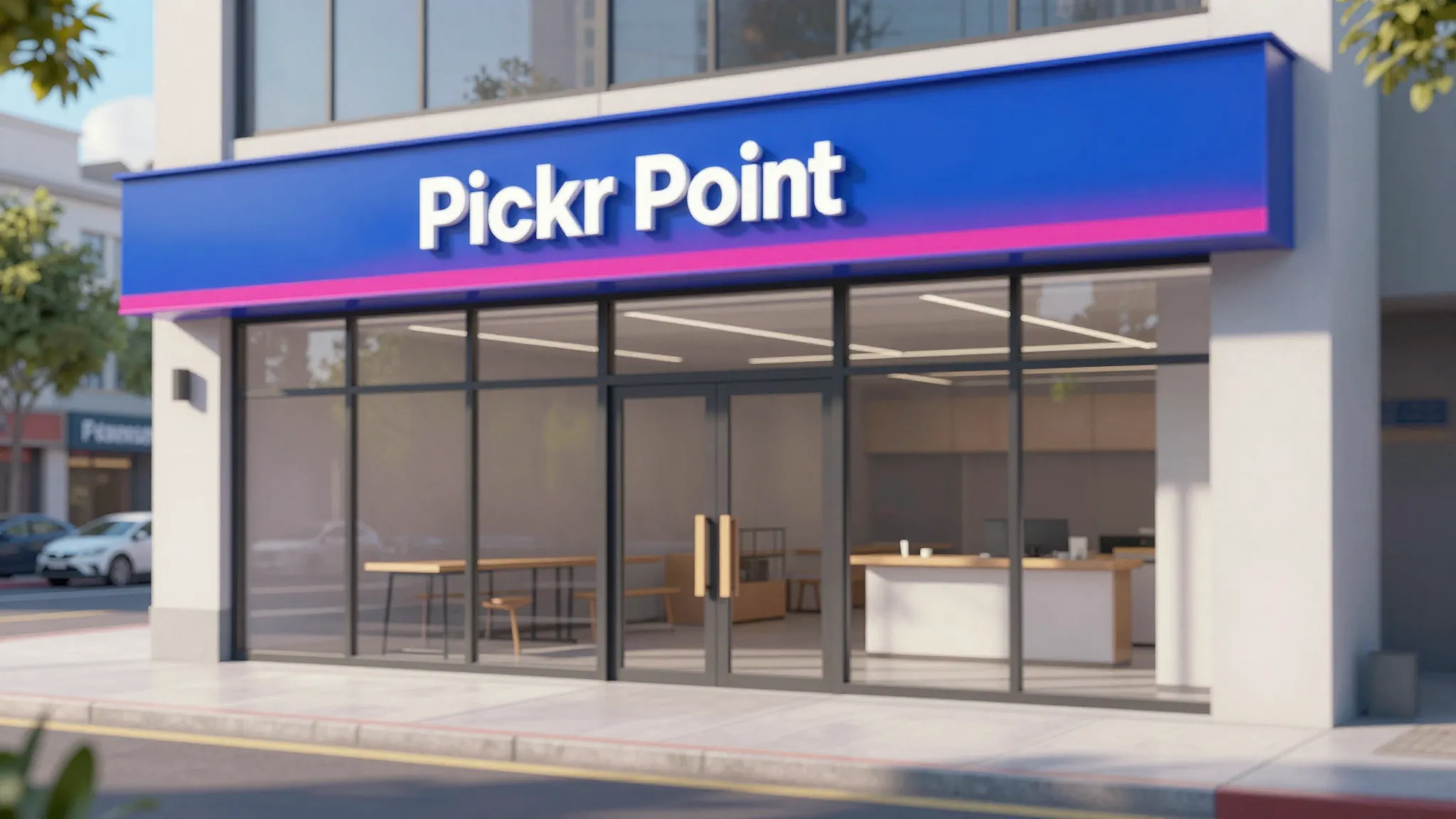 Modern storefront of a pickup point with a bright sign, blue...