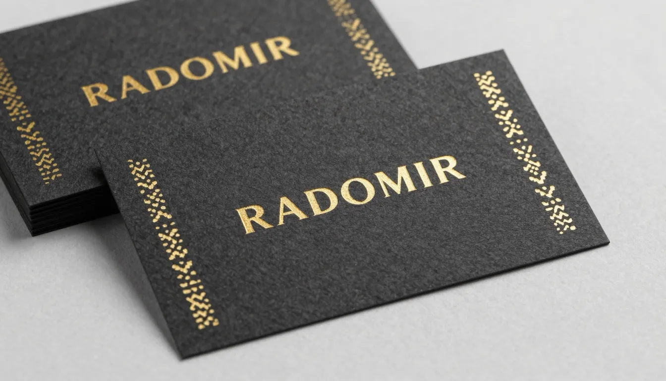 Premium business card design for 'RADOMIR', dark charcoal te...