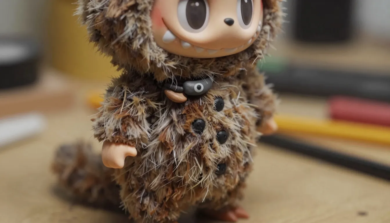 A close-up shot of a partially finished mixed-media toy. The...