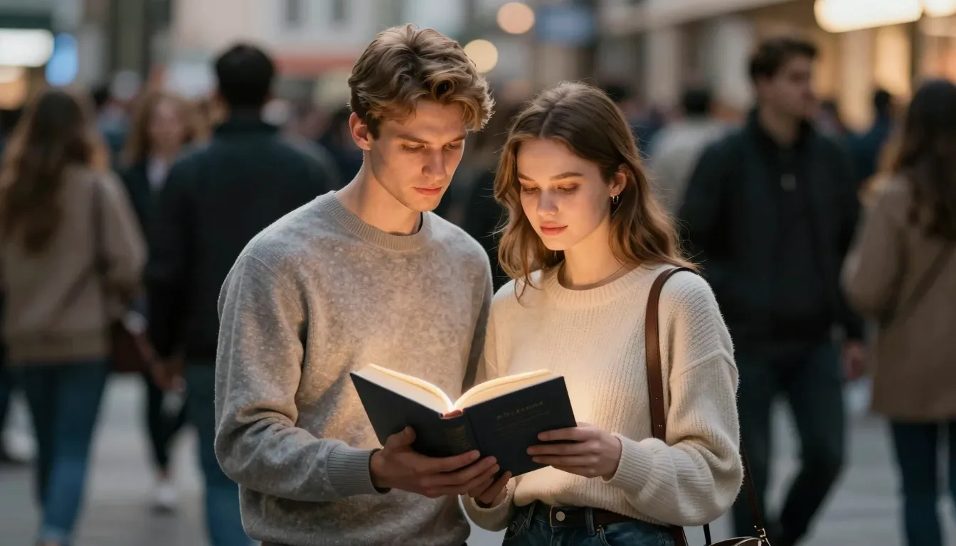 A modern Slavic couple, a man with light brown hair and a wo...