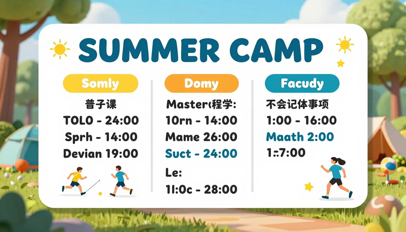 A bright and cheerful summer camp schedule poster with color...