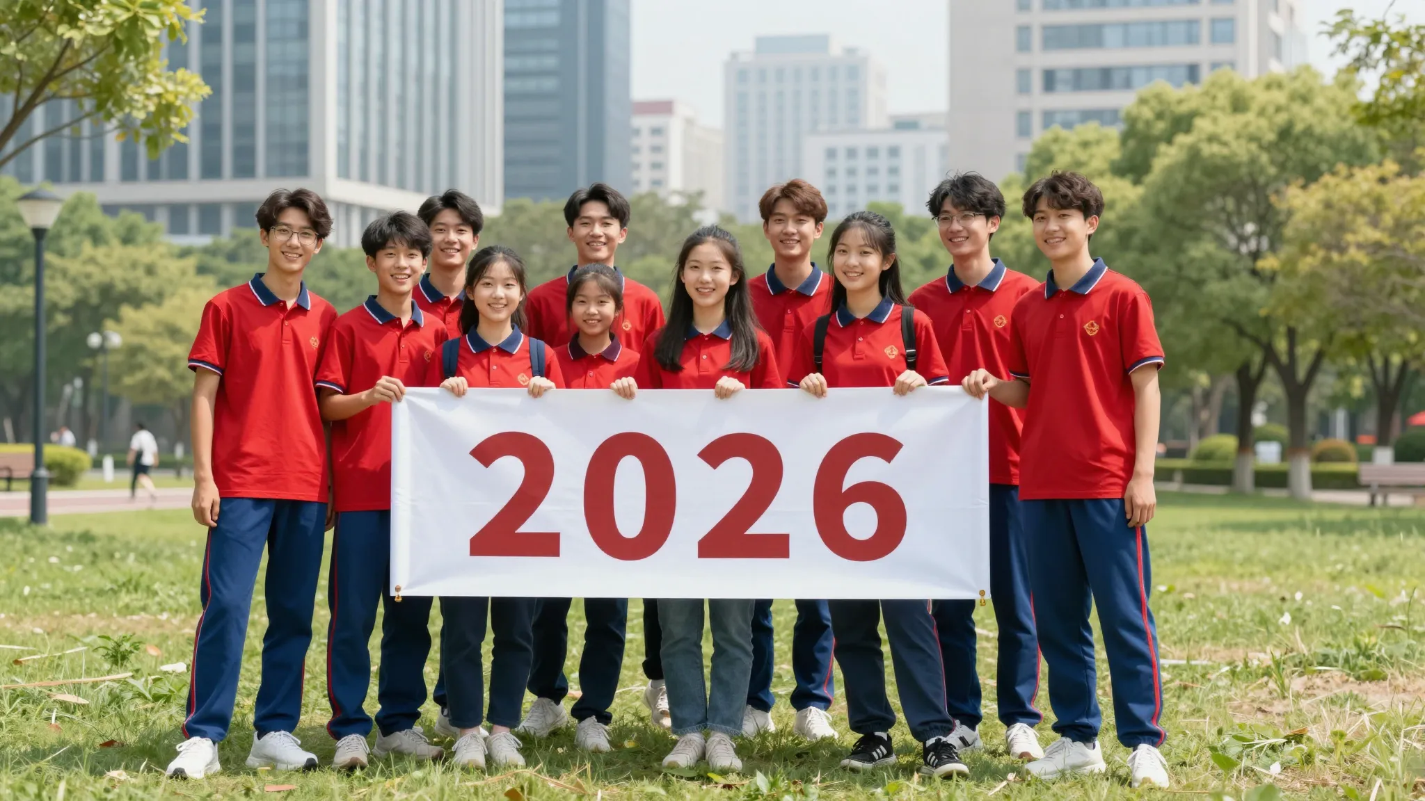 A group of happy teenagers in red and blue uniforms standing...