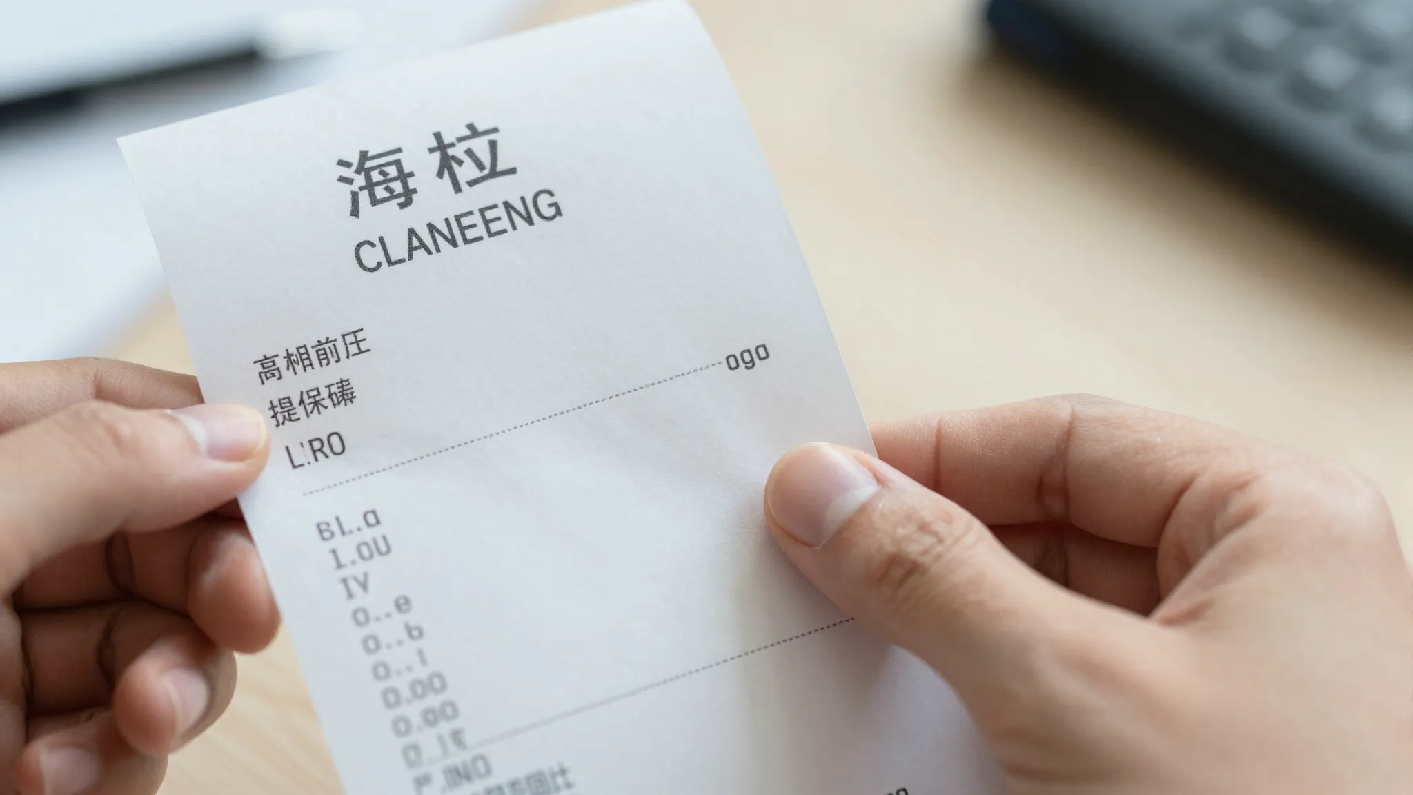 A close-up of a hand holding a professional printed receipt ...