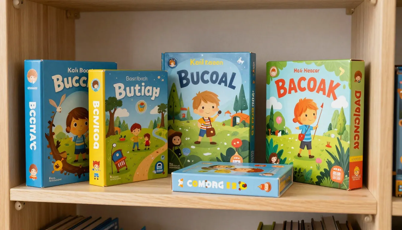 A collection of modern board games for children on a wooden ...