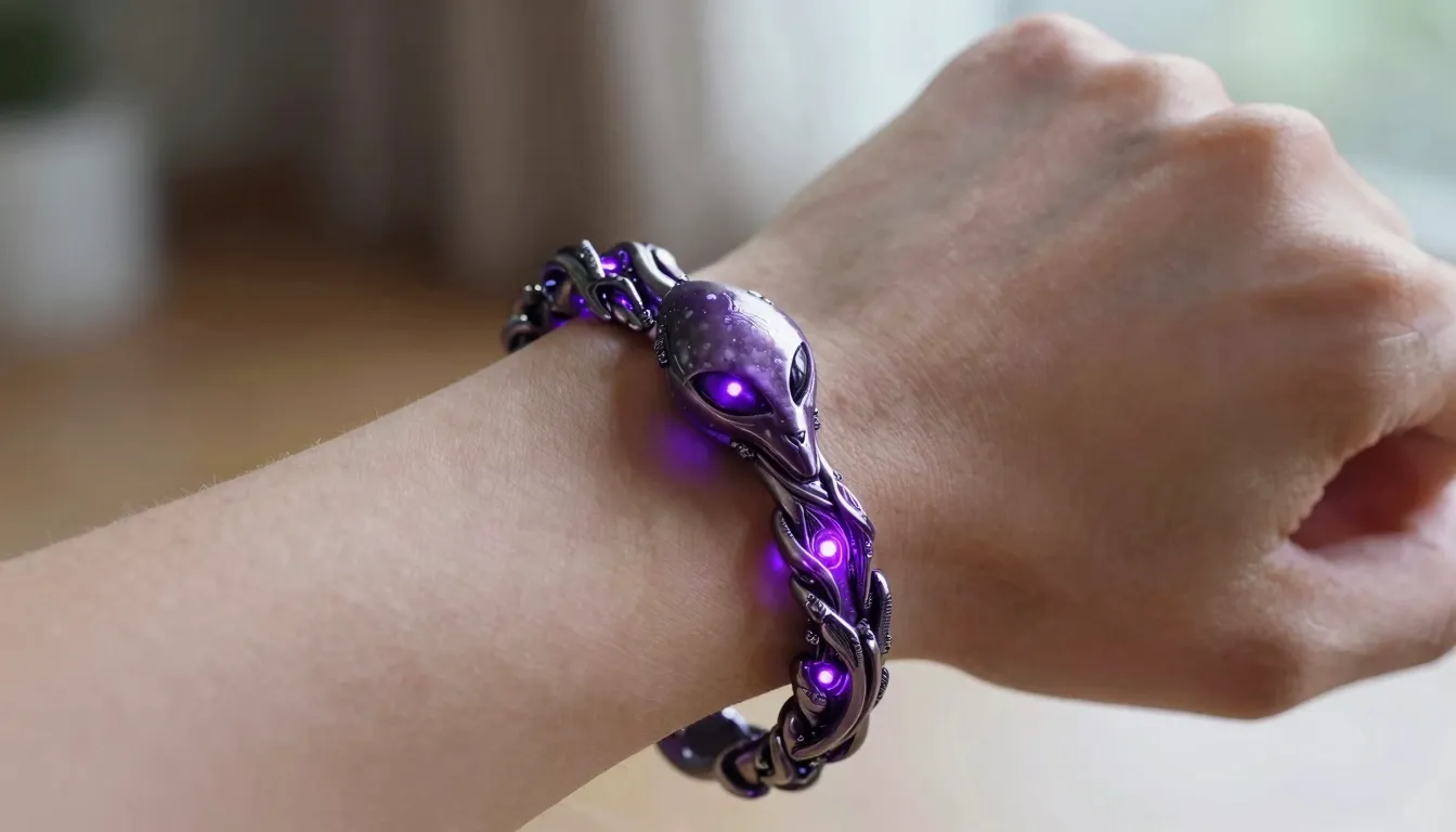 Close-up of a glowing purple alien bracelet on a human wrist...