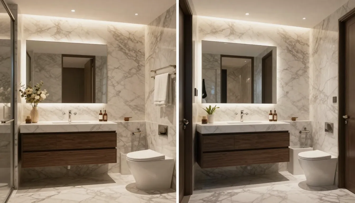 Modern bathroom renovation before and after, split view, lux...