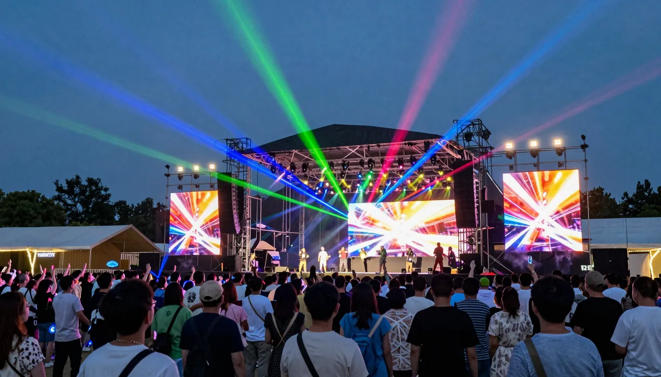 A wide shot of a modern outdoor concert stage in a small gre...