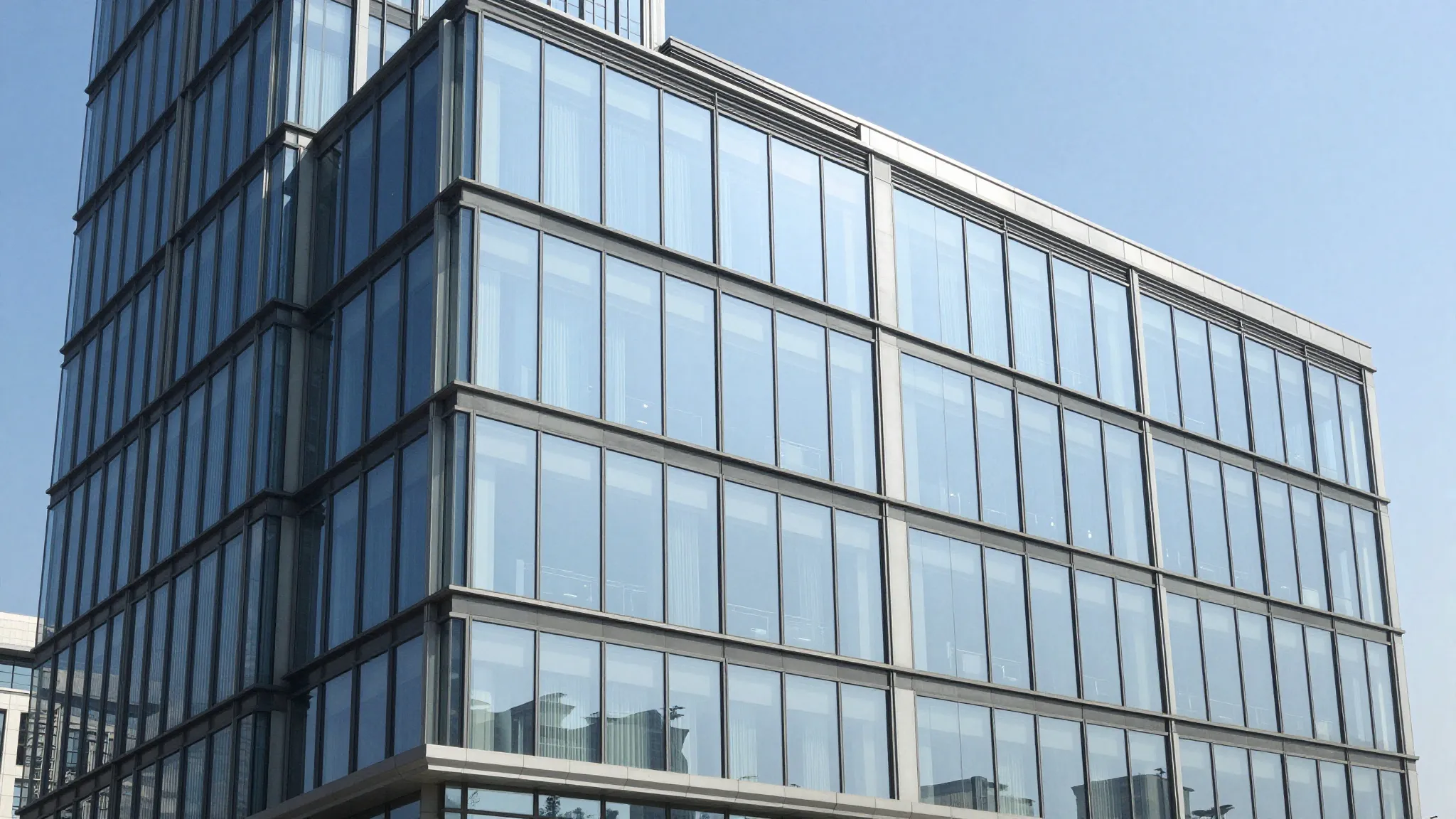 A modern office building with glass walls reflecting a clear...