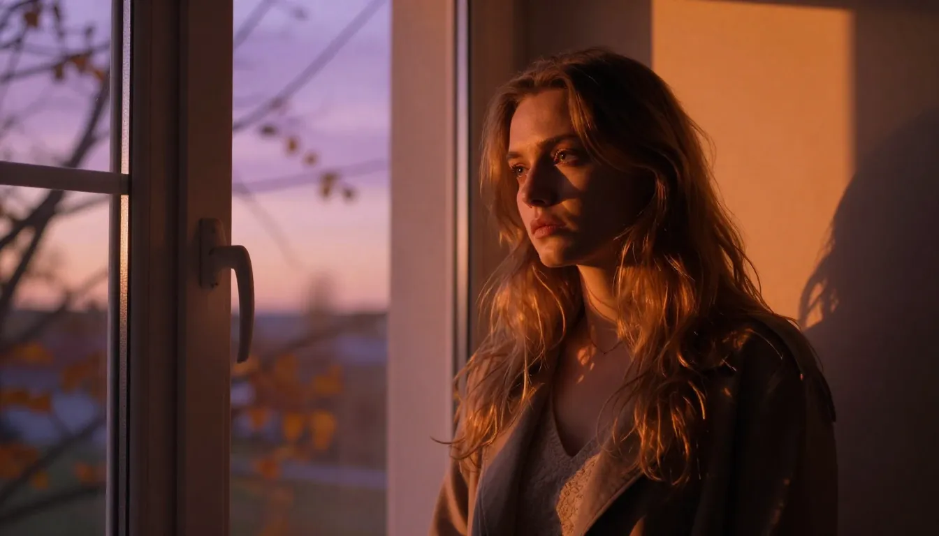 A beautiful adult Slavic woman with long hair standing by a ...