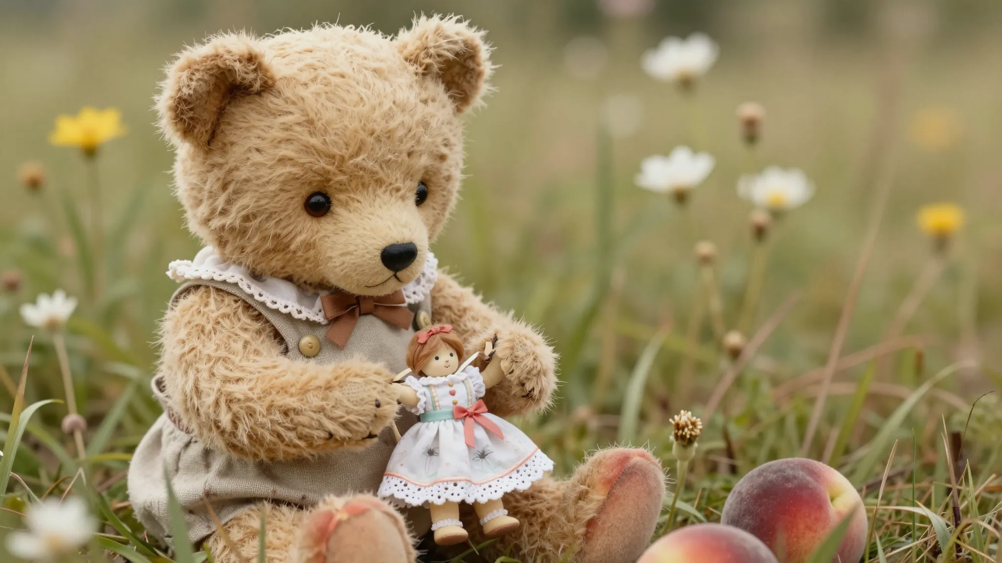 Close-up of a cute teddy bear mascot in Mori style clothes, ...