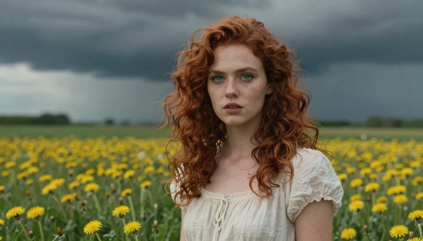 Cinematic portrait of a young woman with voluminous auburn c...