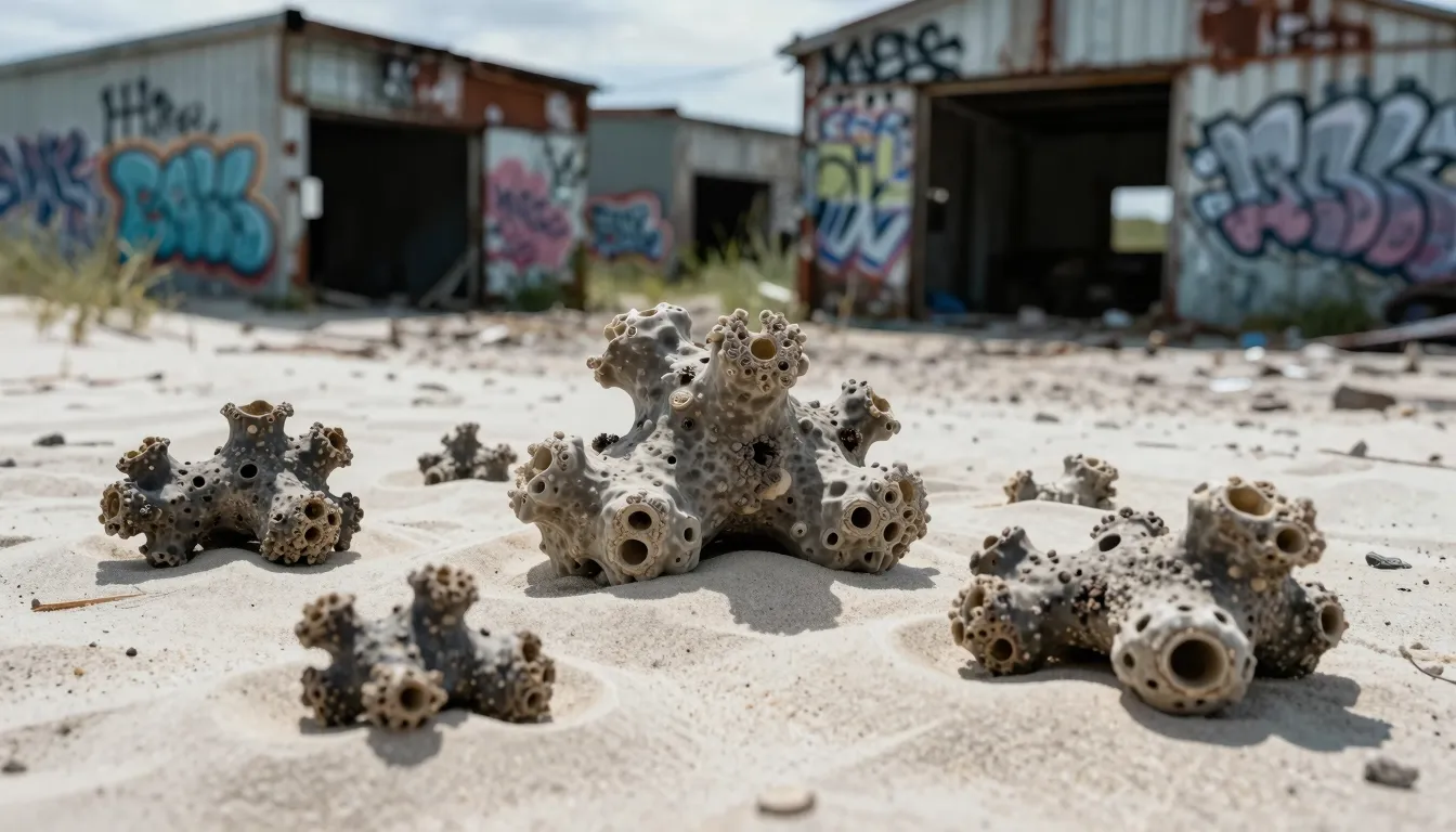 Surreal photography, raw organic shapes scattered on white s...