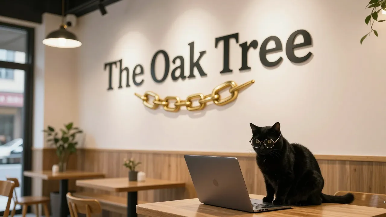 A cozy modern cafe called 'The Oak Tree', with a golden chai...