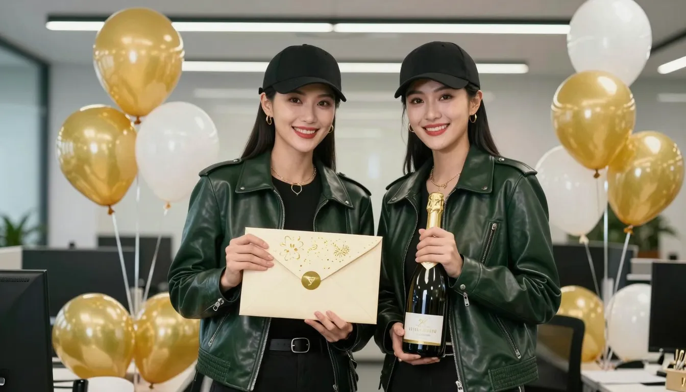Two stylish Chinese women in green leather jackets and black...