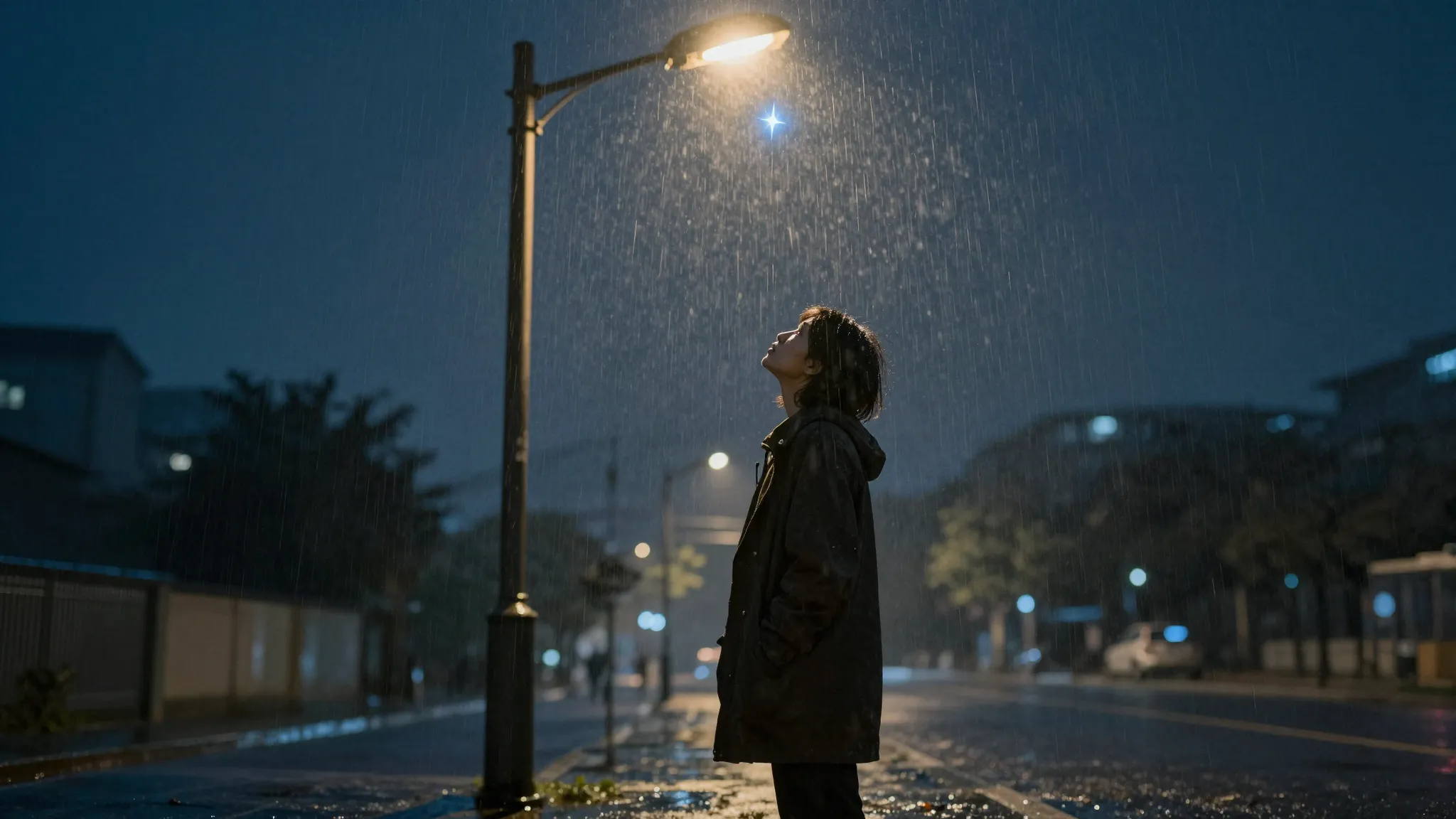 A lonely person standing under a street lamp in a rainy city...