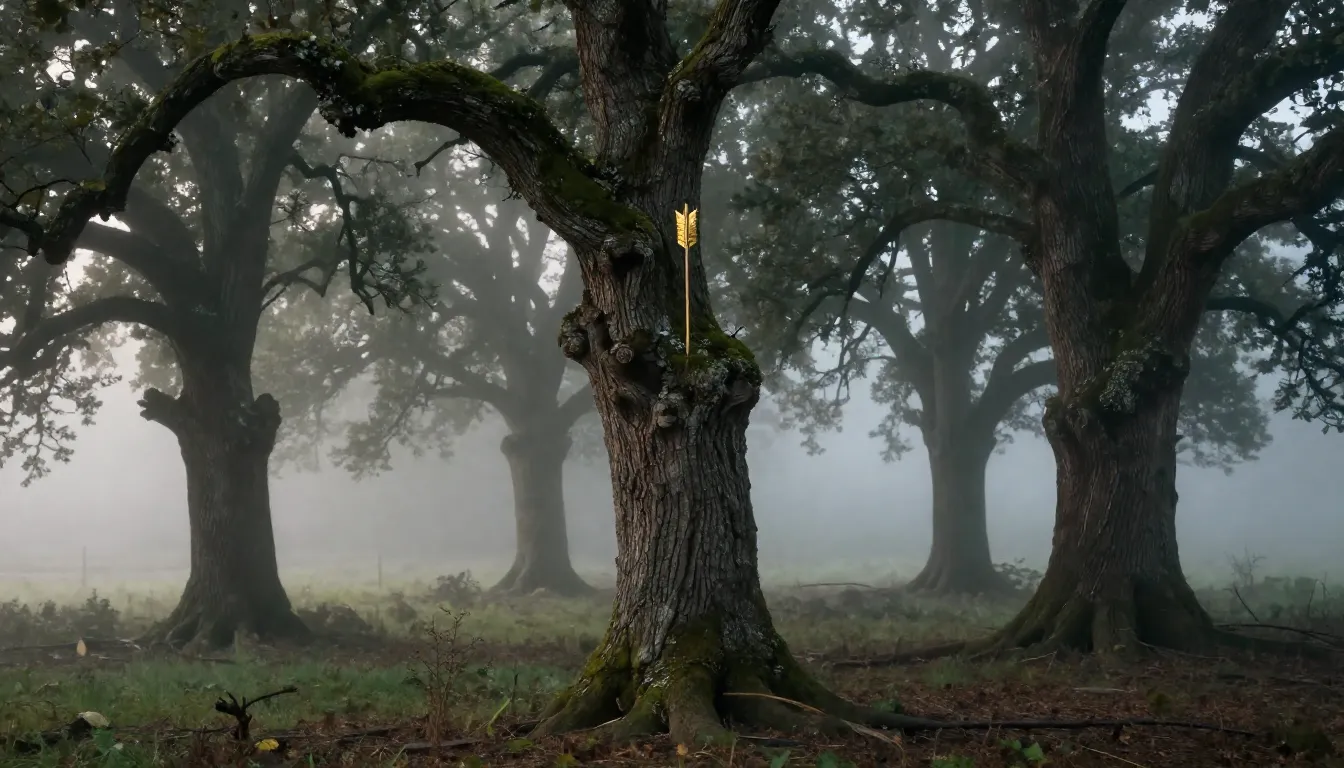 A cinematic shot of a 16th century French forest at dawn, th...