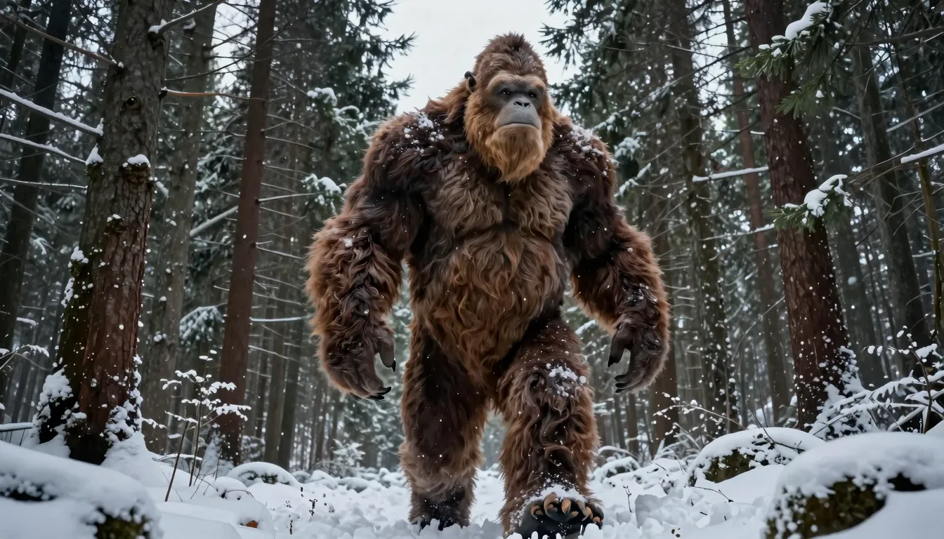 A massive majestic Bigfoot walking through a dense snowy pin...