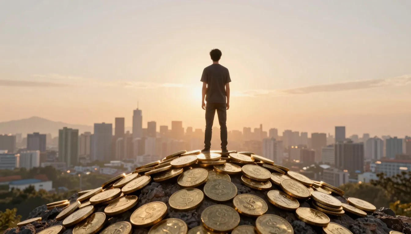 A person standing on top of a mountain made of gold coins, l...