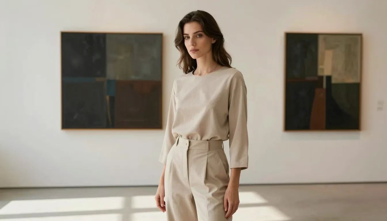 A sophisticated woman in a minimalist beige outfit, standing...