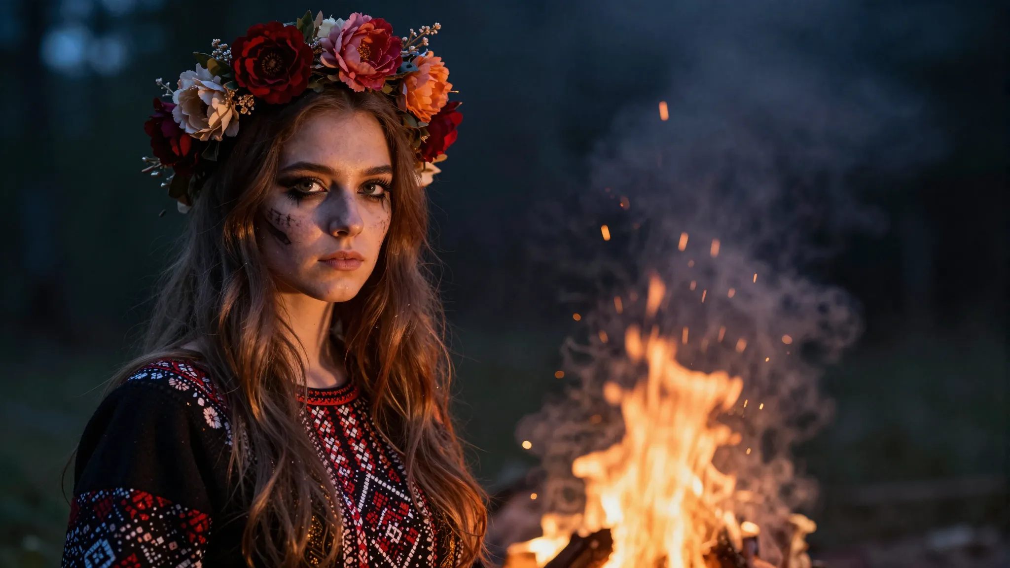 A beautiful Slavic girl with a flower wreath on her head, na...