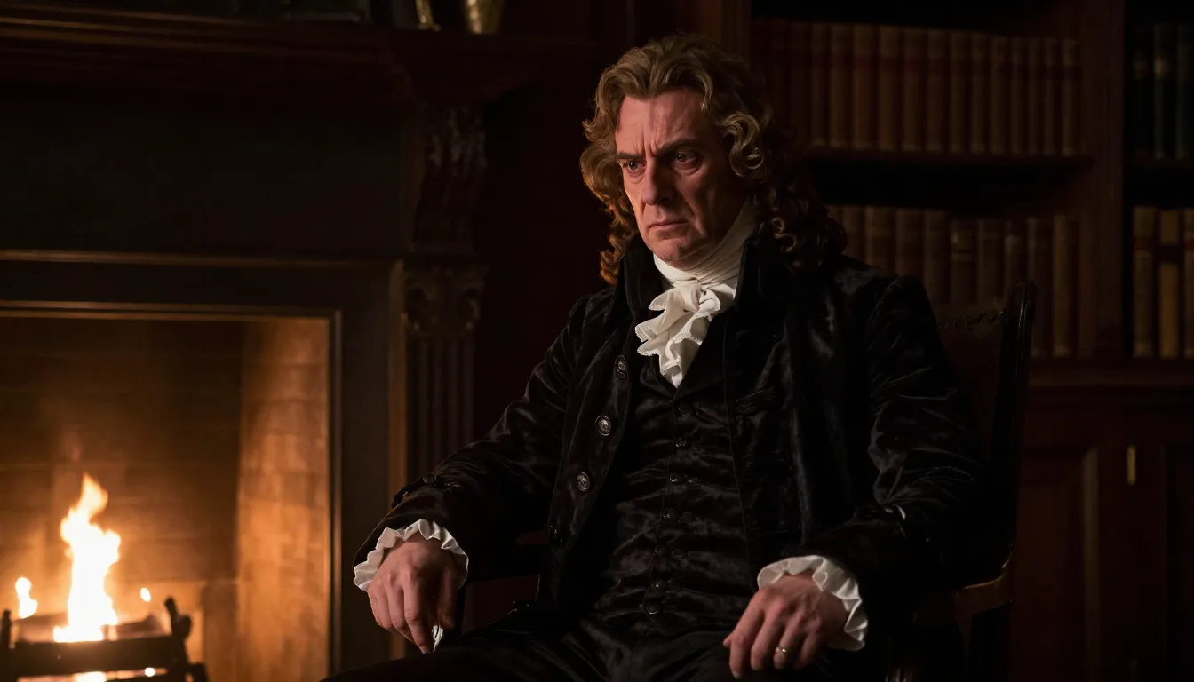 A brooding 18th-century nobleman in a dark velvet coat, sitt...