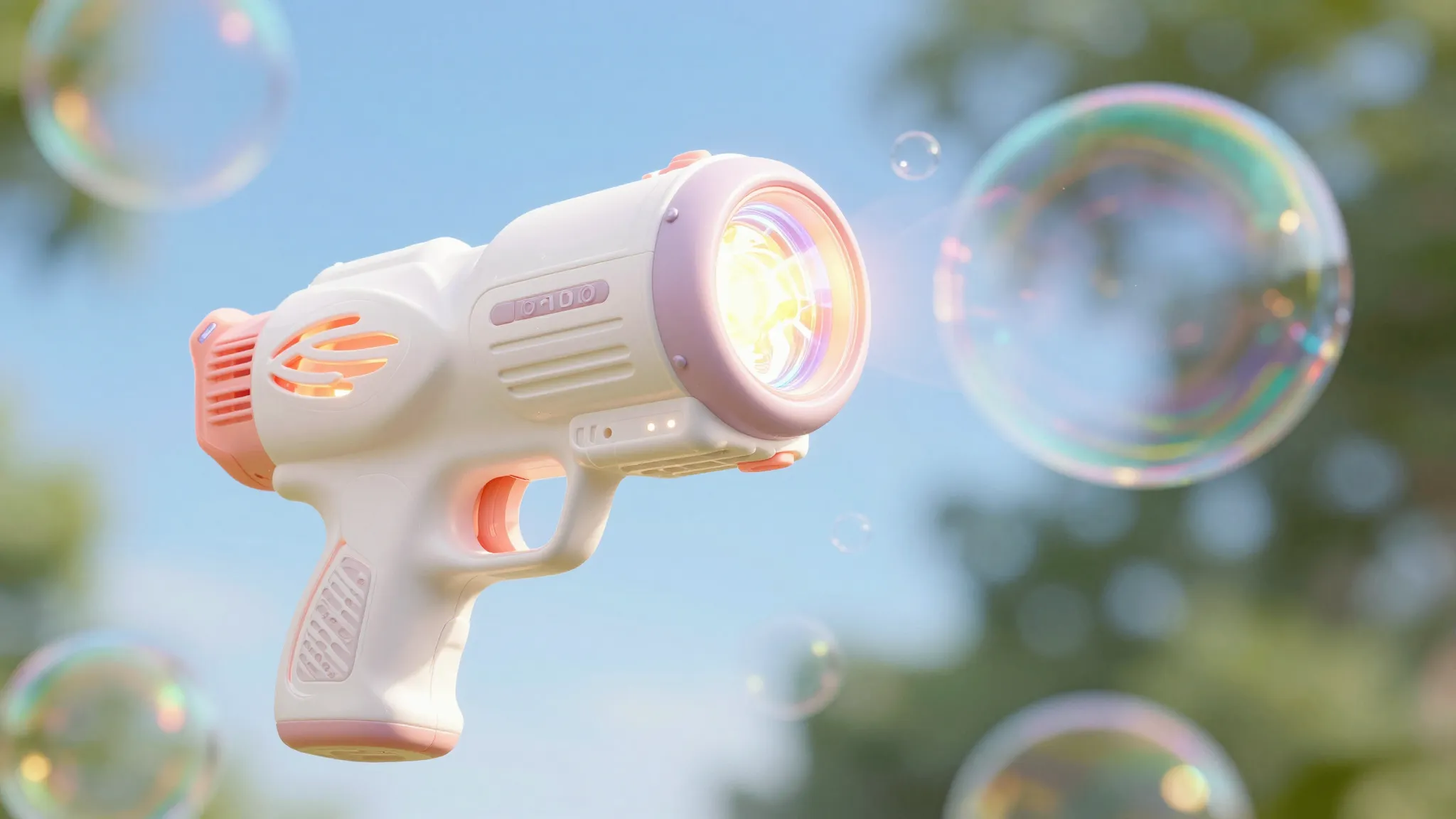 A close-up of a futuristic soap bubble gun with glowing ligh...