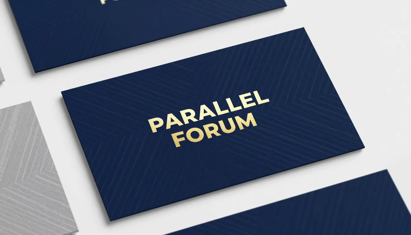 Professional business card design for 'PARALLEL' forum, geom...