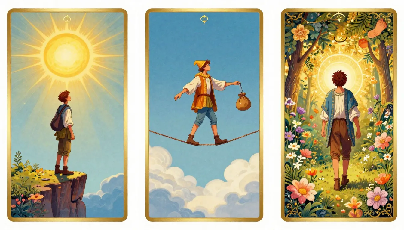 A tarot card design in a triptych layout with three vertical...