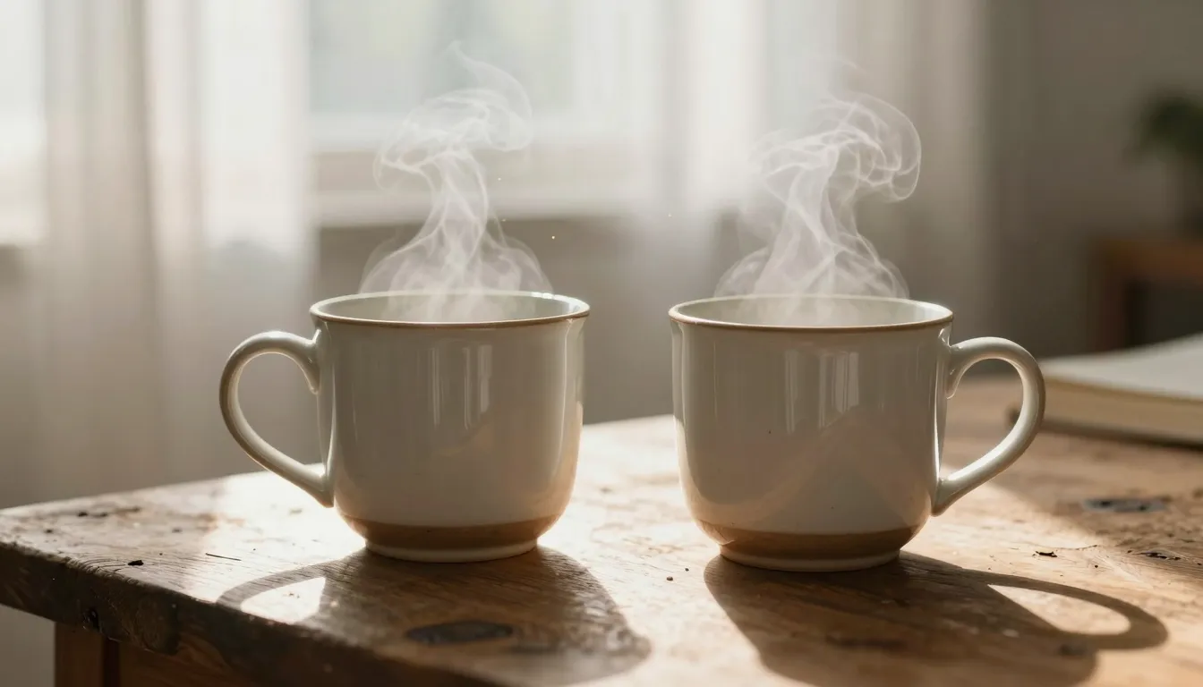 Two steaming ceramic mugs on a rustic wooden table, soft mor...