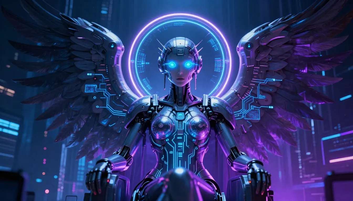 Cyberpunk interpretation of a Throne angel, mechanical neon ...