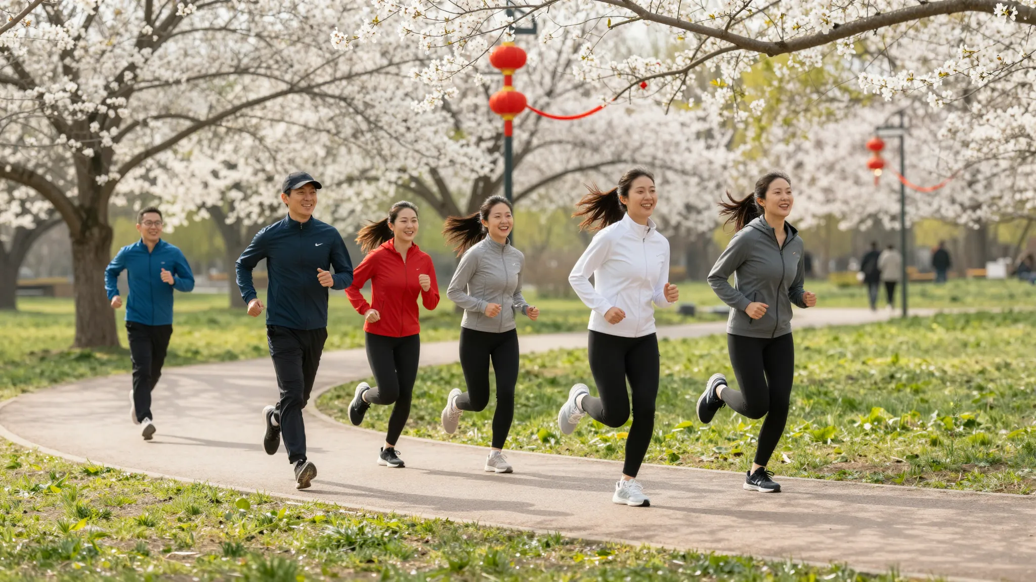 A group of happy people in sportswear running a relay race i...