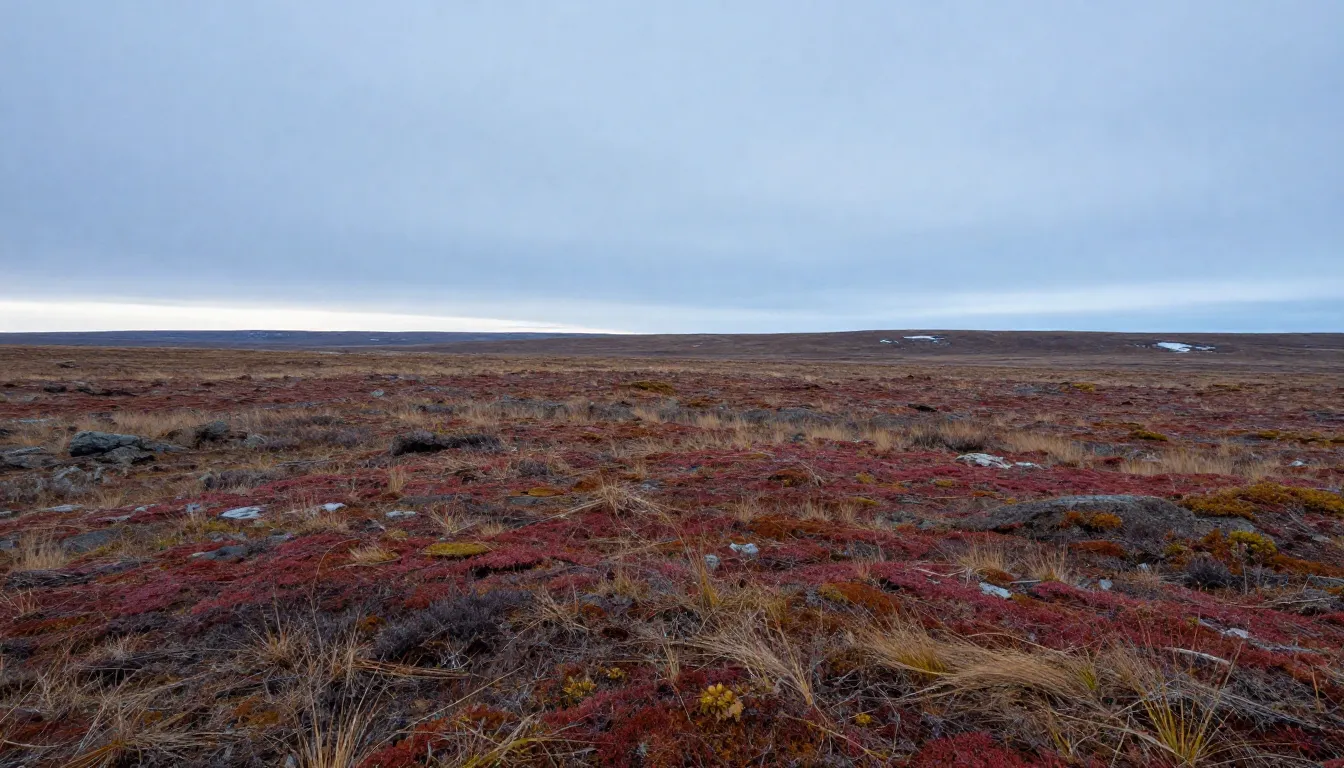 A vast Arctic tundra landscape resembling a flat steppe, cov...