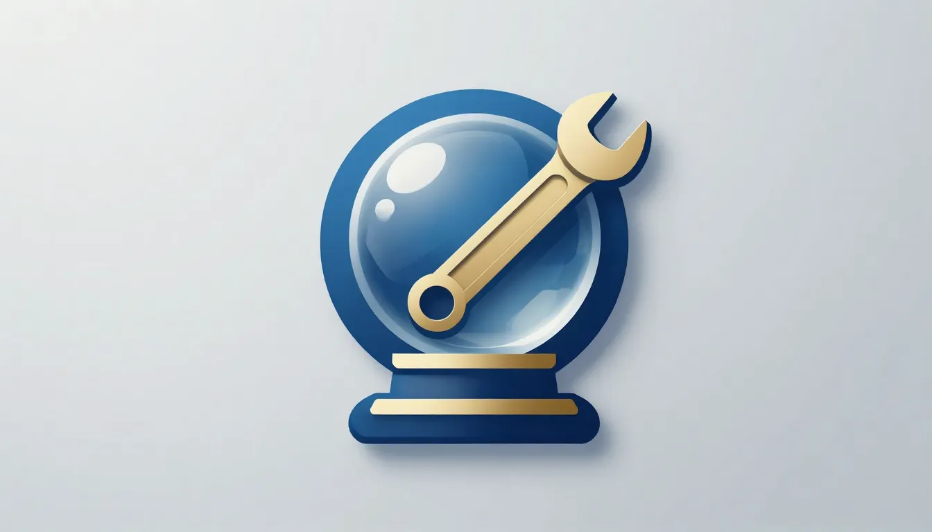 A modern service center logo with a crystal ball and a wrenc...