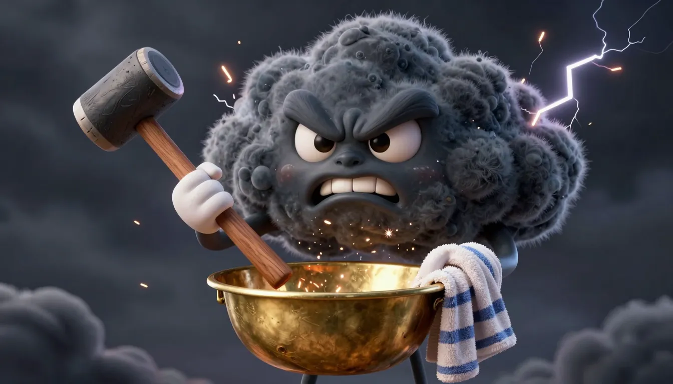 A surreal 3D character design of a dark, angry storm cloud w...