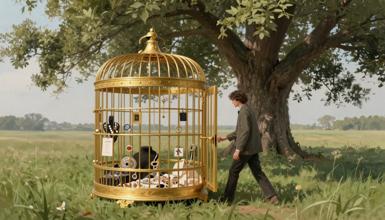 A conceptual art piece: A golden birdcage filled with expens...