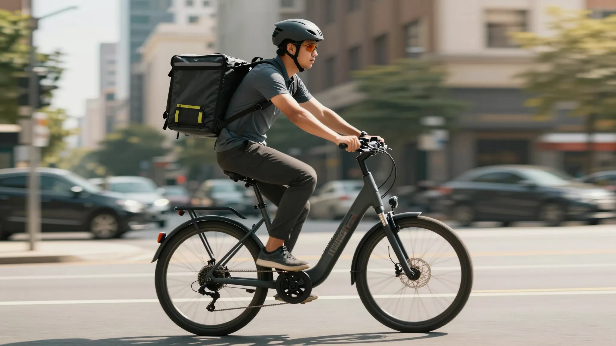 A professional courier with a thermal backpack riding a slee...