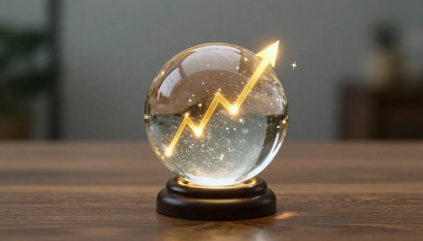 A glowing crystal ball on a wooden table showing a rising go...