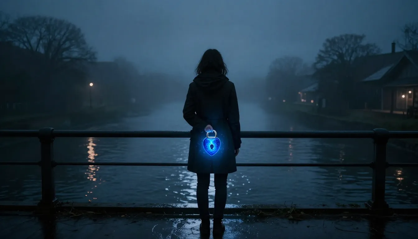 A lonely figure standing on a bridge over a misty river at n...